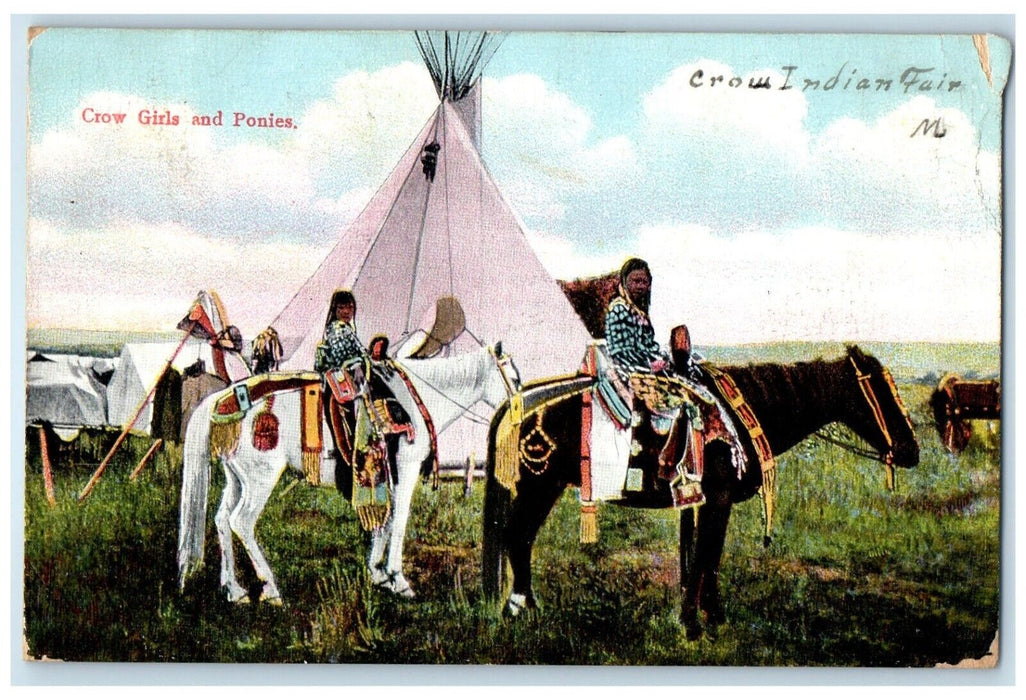 1908 Crow Girls And Ponies Teepee Tent Crow Agency Montana MT Antique Postcard