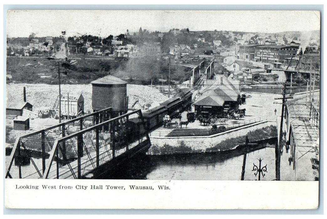 1908 Aerial View Looking West City Hall Tower Wausau Wisconsin Vintage Postcard