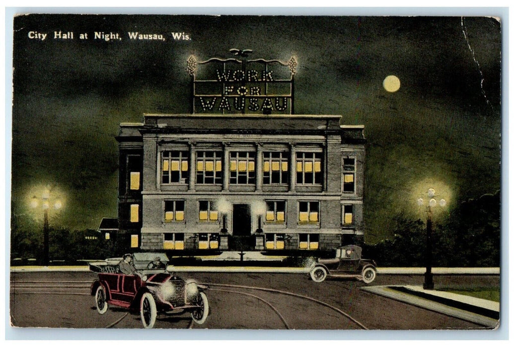 1918 Front View City Hall Building Night Wausau Wisconsin WI Vintage Postcard