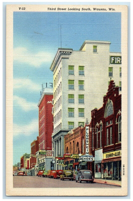 c1940 Third Street Looking South Buildings Wausau Wisconsin WI Unposted Postcard