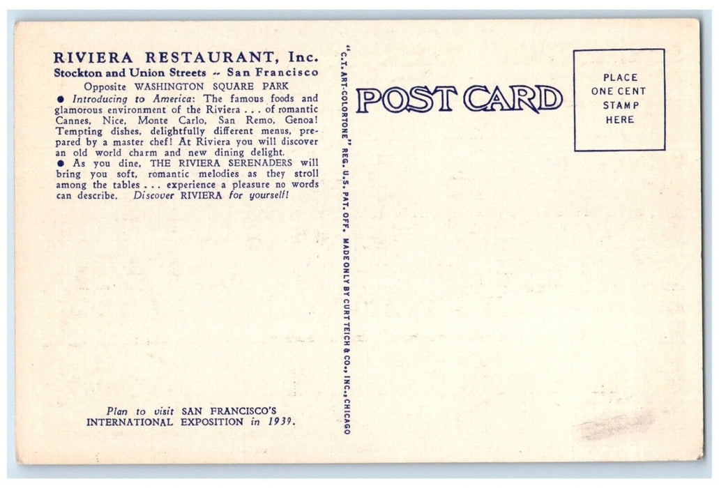 1939 Riviera Restaurant Interior San Francisco California Exposition Postcard