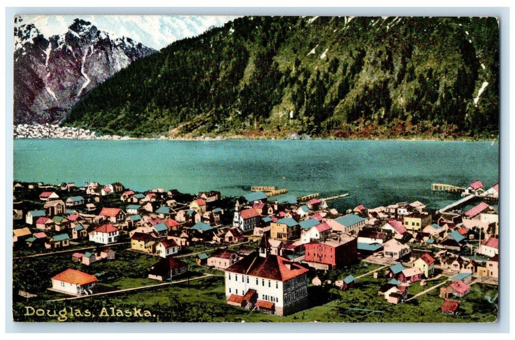 1915 Aerial View River Exterior Building Douglas Alaska Vintage Antique Postcard