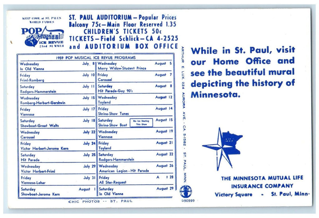 1959 Saint Paul Auditorium Refreshments Table Pop Musical Minnesota MN Postcard