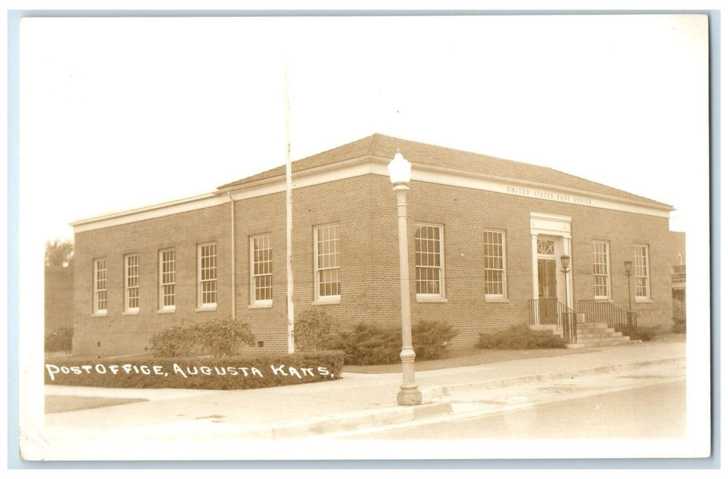 c1940's Post Office Building Scene Street Augusta Kansas KS RPPC Photo Postcard