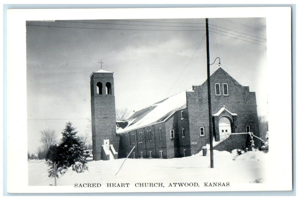 c1950's Sacred Heart Church Winter Atwood Kansas KS RPPC Photo Vintage Postcard