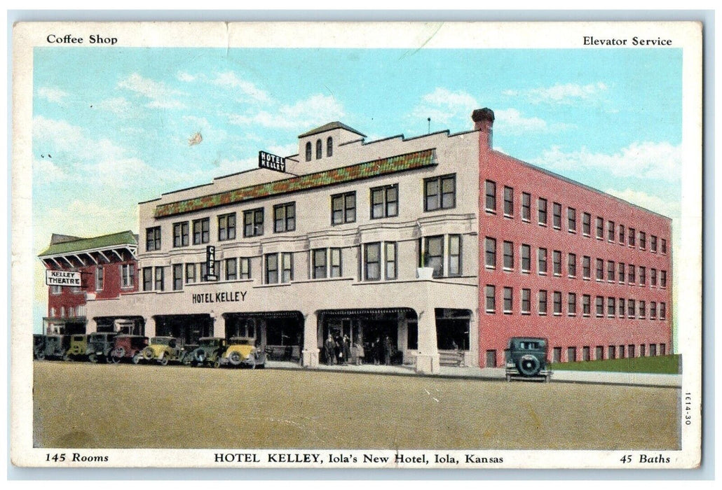 1935 Hotel Kelley Lola's New Hotel Lola Kansas KS, Coffee Shop Cars Postcard
