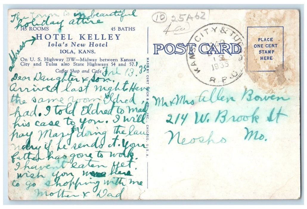 1935 Hotel Kelley Lola's New Hotel Lola Kansas KS, Coffee Shop Cars Postcard