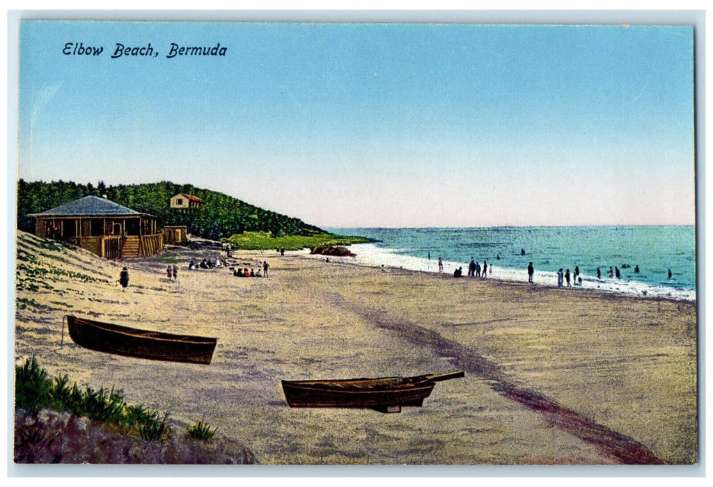 c1910 Boat in Sand Bathing Scene Elbow Beach Bermuda Antique Unposted Postcard