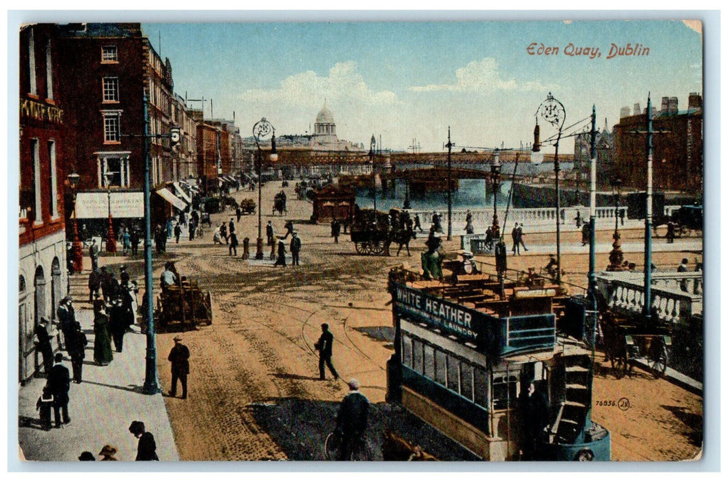 c1910 Eden Quay Dublin Trolley Car Business Section Antique Posted Postcard