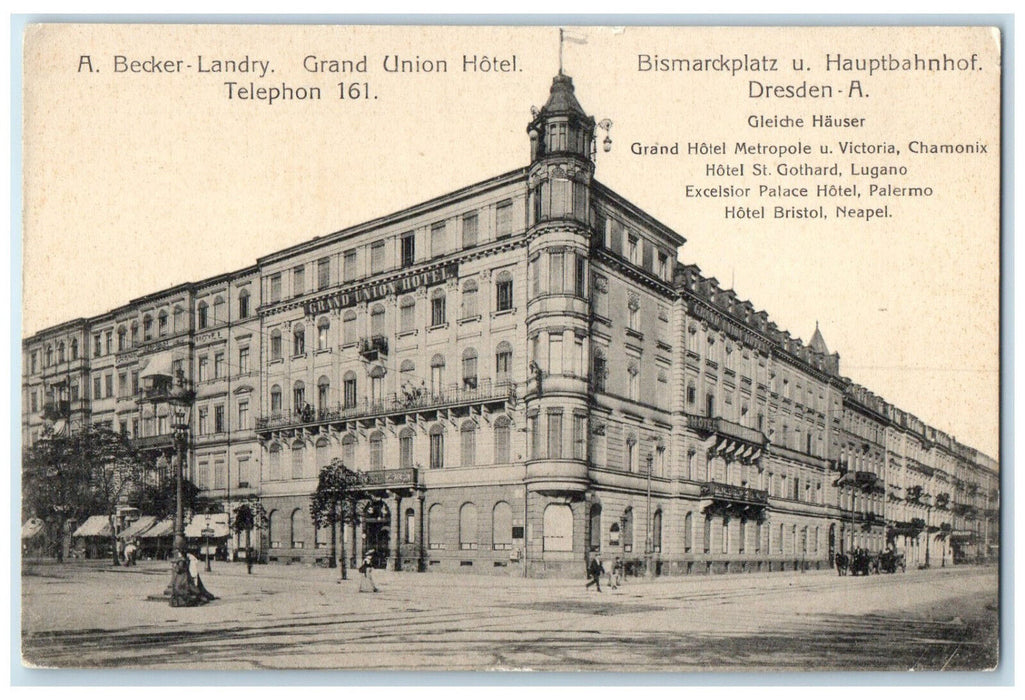 c1910 Bismarckplatz Main Station Grand Union Hotel Dresden Germany Postcard