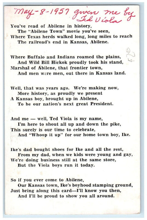 1957 Abilene Kansas KS, Home Of President Wild Bill Hickock And Violas Postcard