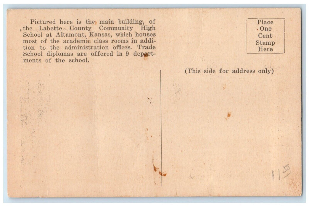 Labette County C. High School Main Building Altamont Kansas KS Vintage Postcard