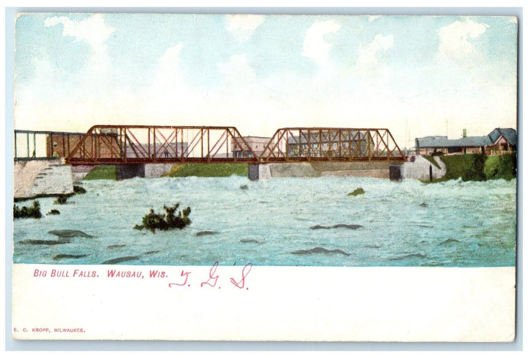 1905 Scenic View Big Bull Falls Bridge Wausau Wisconsin Antique Vintage Postcard