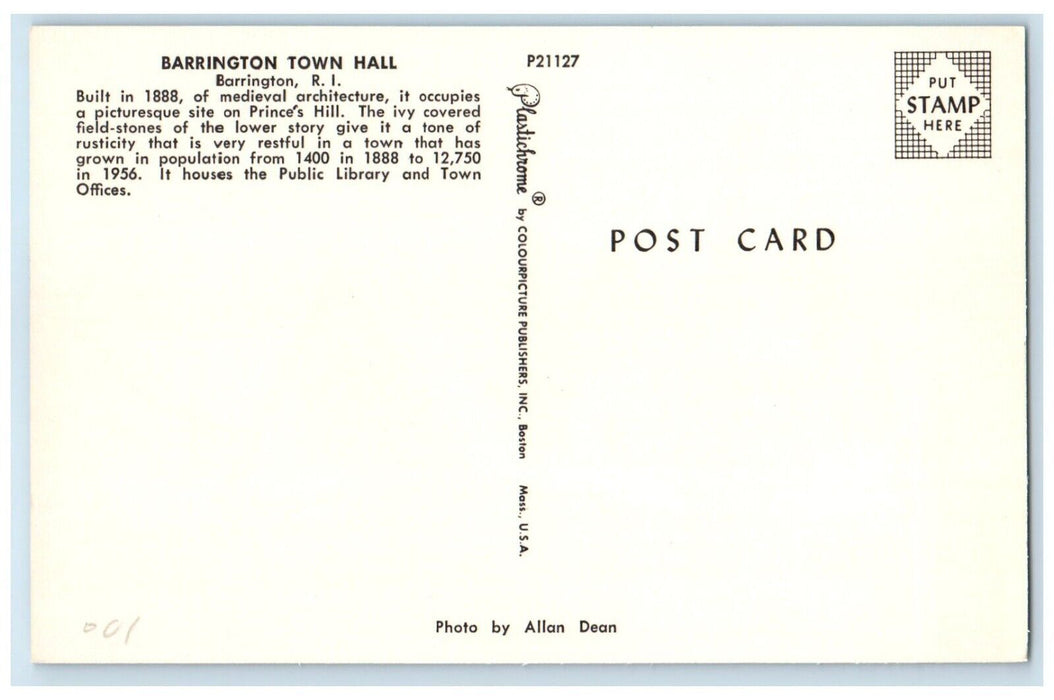 c1960 Barrington Town Hall Exterior Prince's Barrington Rhode Island RI Postcard