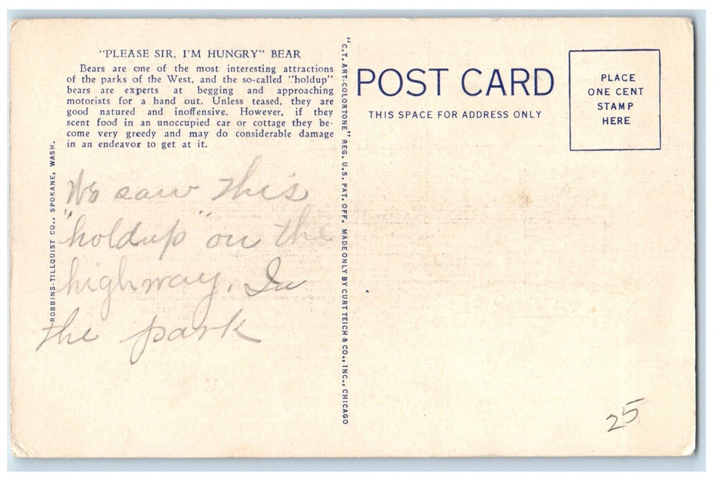 c1940 Please Sir I'm Hungry Bear Holdup Spokane Washington WA Vintage Postcard