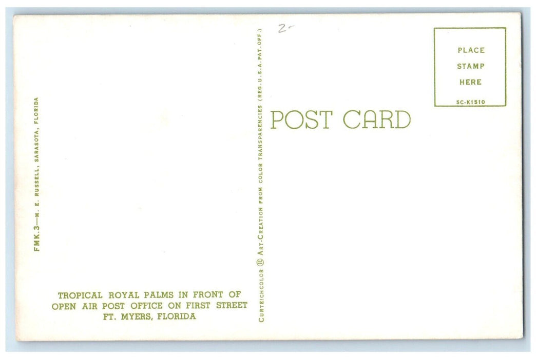 c1960 Tropical Royal Palms Front Open Air Post Office Ft. Myers Florida Postcard