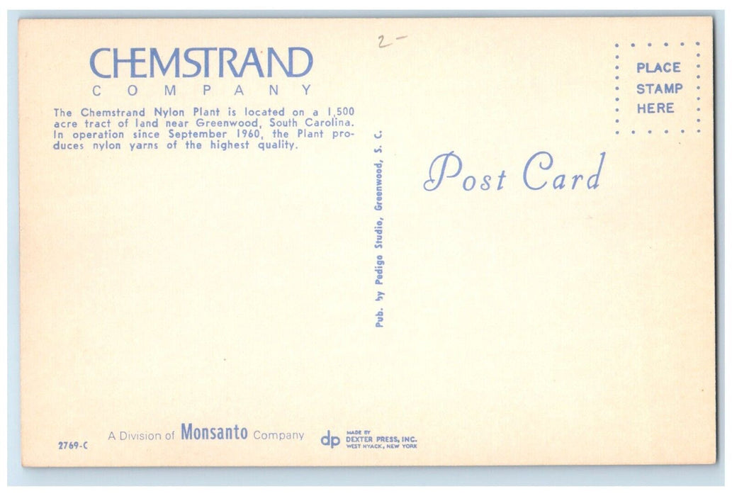 c1960 Chemstrand Company Nylon Plant Exterior Greenwood South Carolina Postcard