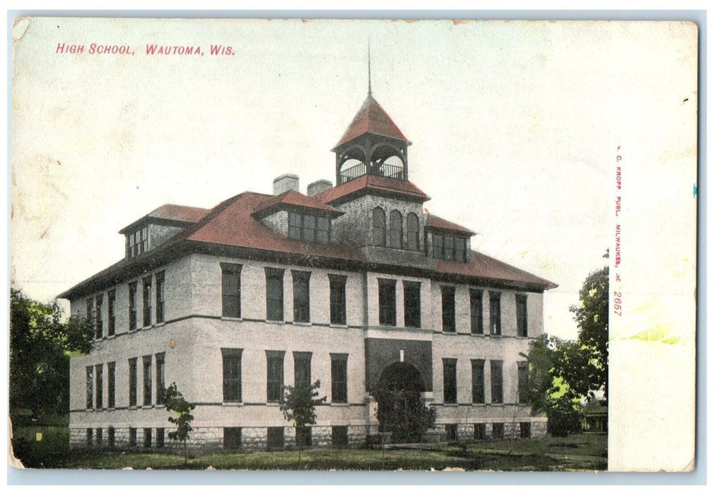 c1910 Exterior View High School Building Wautoma Wisconsin WI Antique Postcard