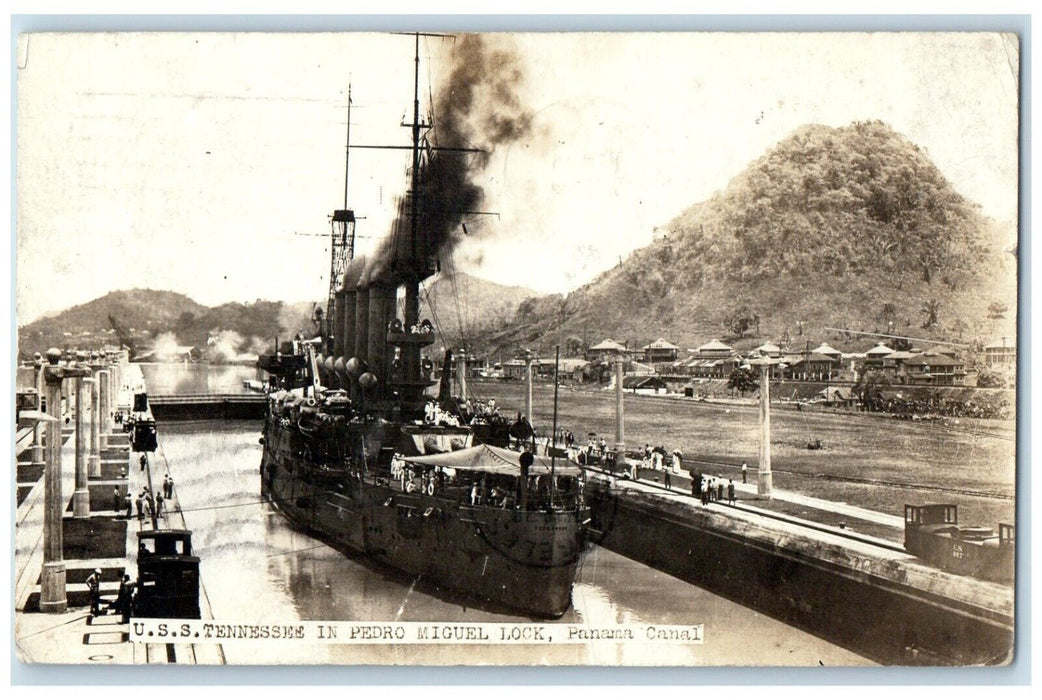 USS Tennessee Pedro Miguel Lock Panama Canal Zone Overprint RPPC Photo Postcard