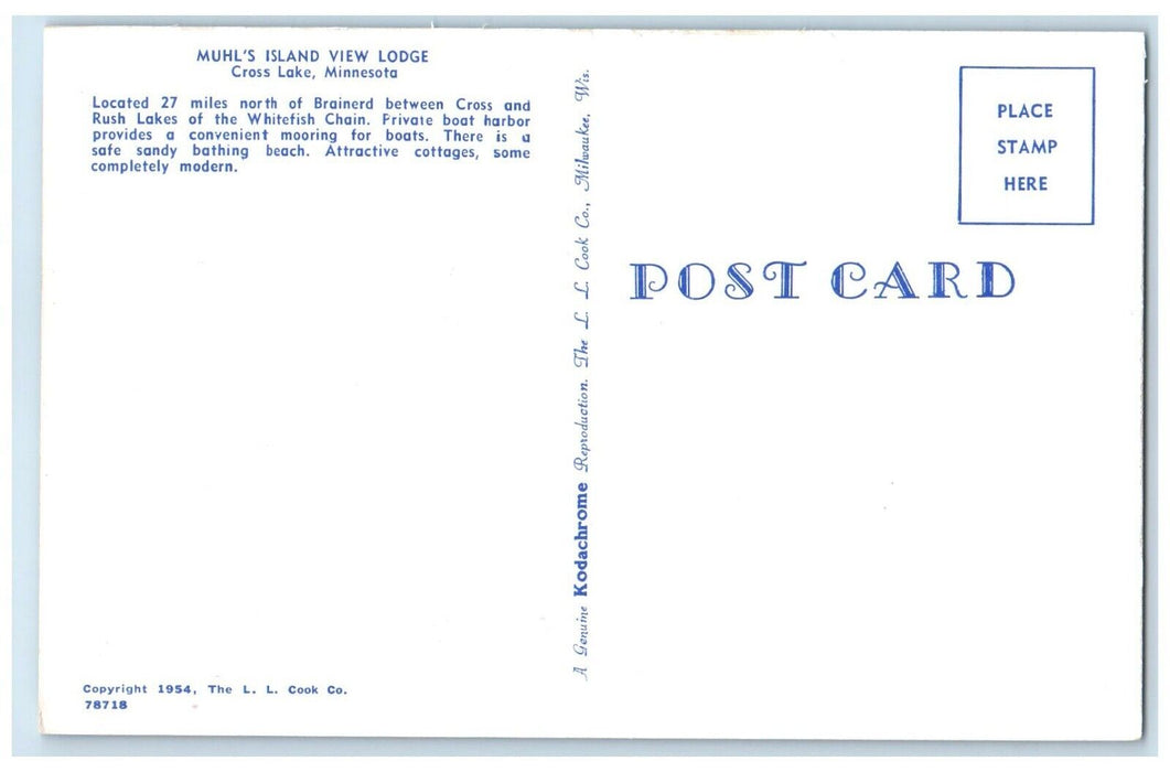 c1960 Muhl's Island View Lodge Brainerd Whitefish Chain Lake Minnesota Postcard