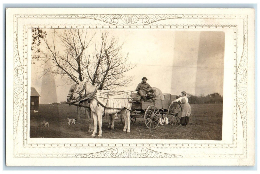c1910's Horses And Wagon Woman Dogs Scene RPPC Photo Unposted Antique Postcard