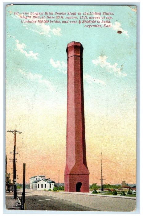 1910 The Largest Brick Smoke Stack In United States Argentine Kansas KS Postcard