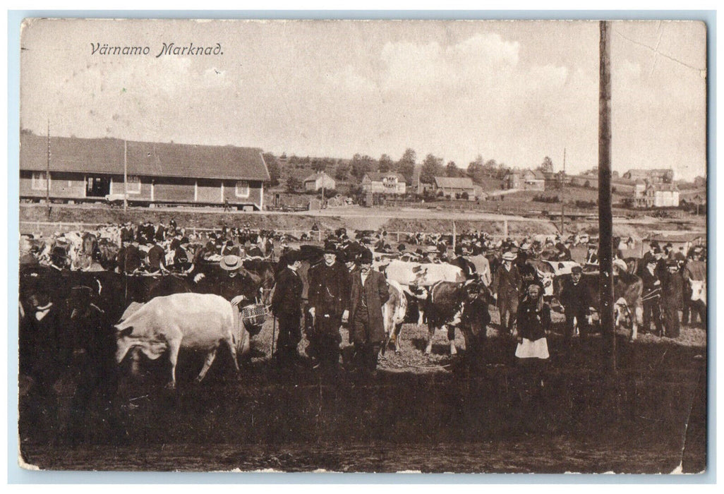 1915 Busy Scene at Varnamo Market Varnamo Sweden Antique Posted Postcard
