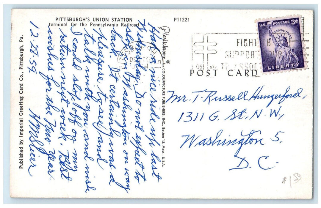 c1950's Pittsburg's Union Station Terminal For Pennsylvania Railroad Postcard