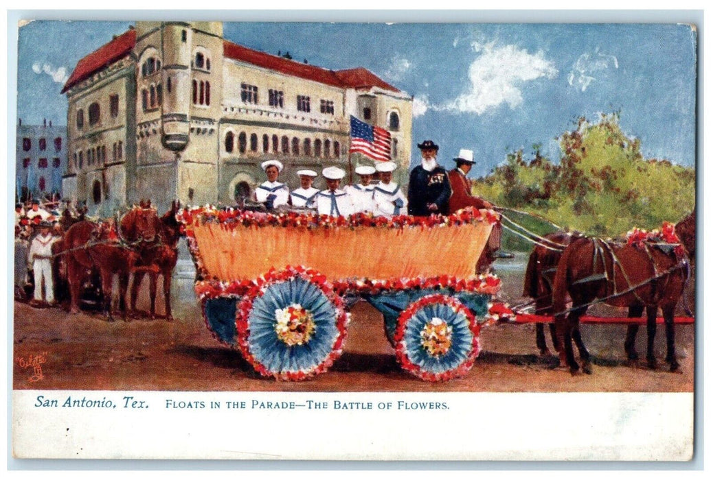 c1910 Floats Parade Battle Flowers San Antonio Texas Tuck Sons Oilette Postcard