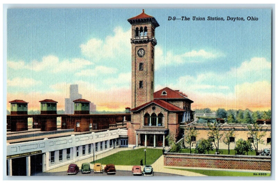 c1930's The Union Station Clock Tower Cars Dayton Ohio OH Vintage Postcard