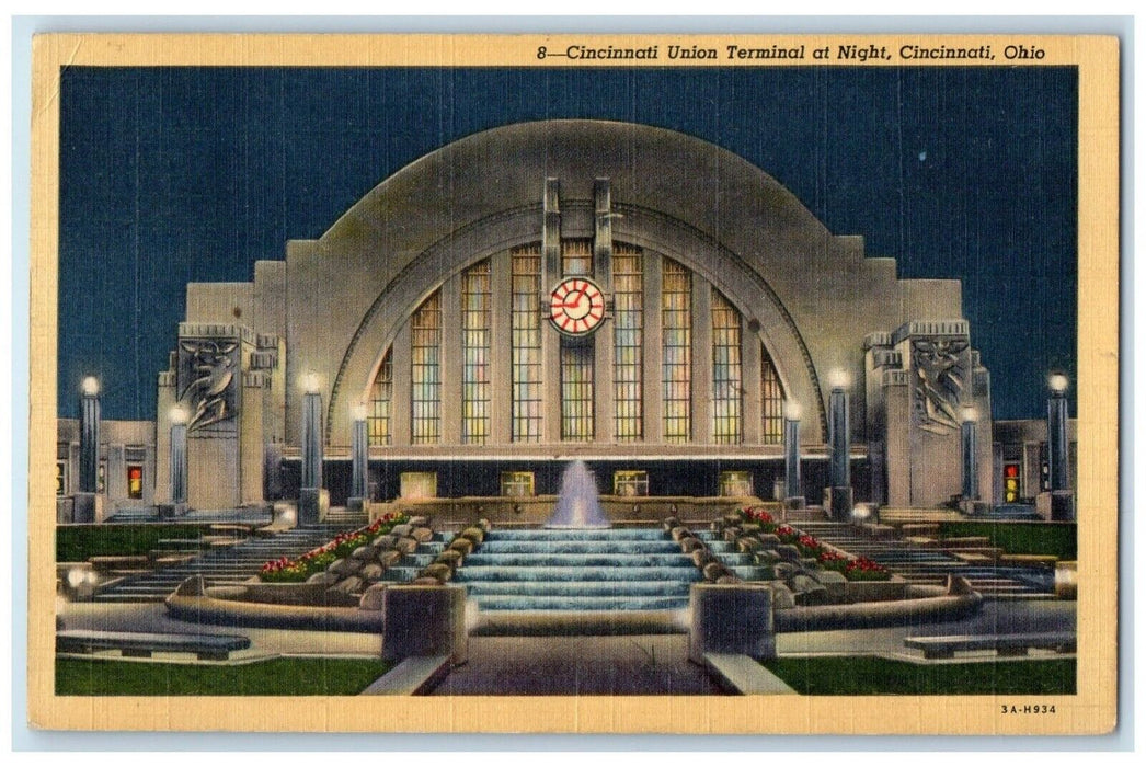 1942 View Of Cincinnati Union Terminal At Night Cincinnati  Ohio OH Postcard