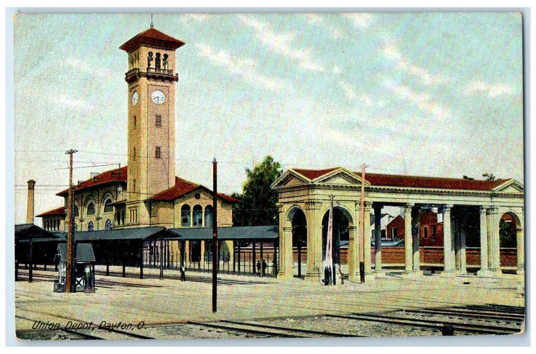 c1910's Union Depot Station Railroad Train Tower Clock Dayton Ohio OH Postcard