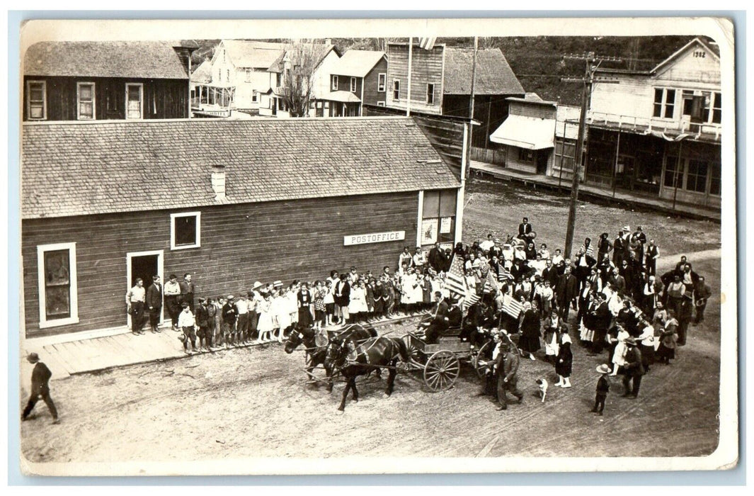 Post Office Main Street Patriotic Parade Horse Wagon RPPC Photo Antique Postcard