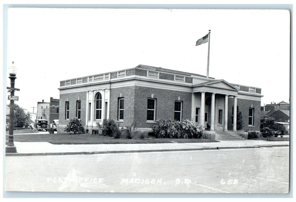 1954 Post Office Building Cars Madison South Dakota SD RPPC Photo Postcard