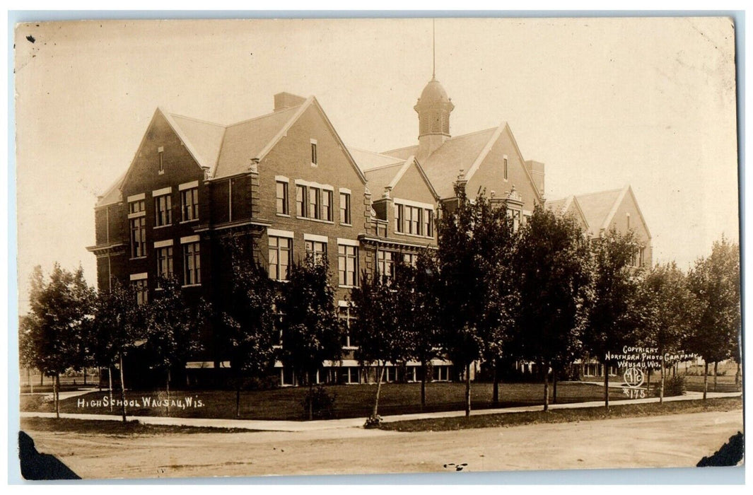 1914 High School Building Campus Wausau Wisconsin WI RPPC Photo Antique Postcard