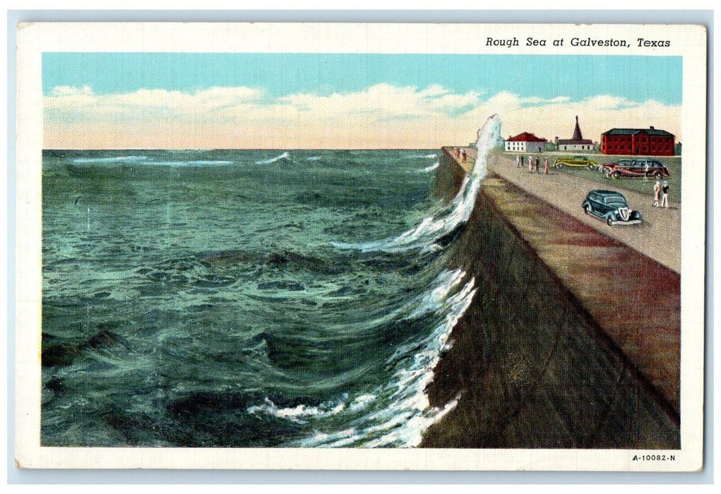 1942 Scene Rough Sea Waves Seawall Classic Cars Galveston Texas Vintage Postcard