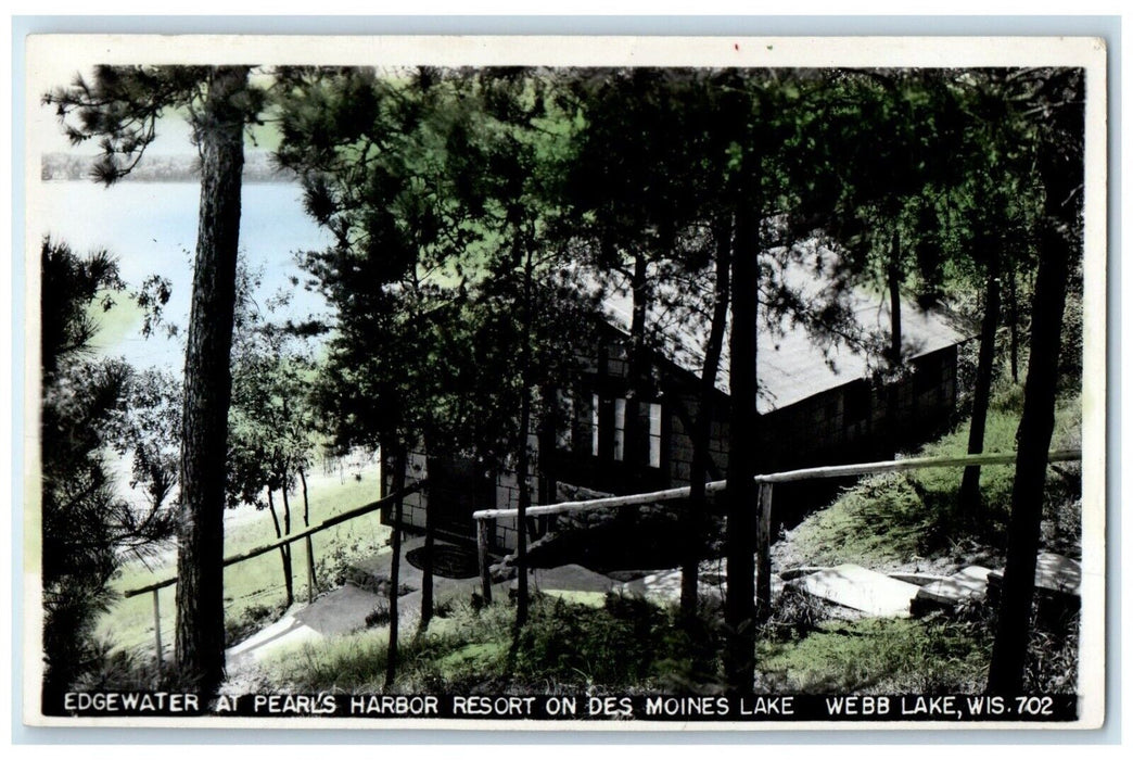 Edgewater Pearl's Harbor Resort Des Moines Lake Webb Lake WI RPPC Photo Postcard