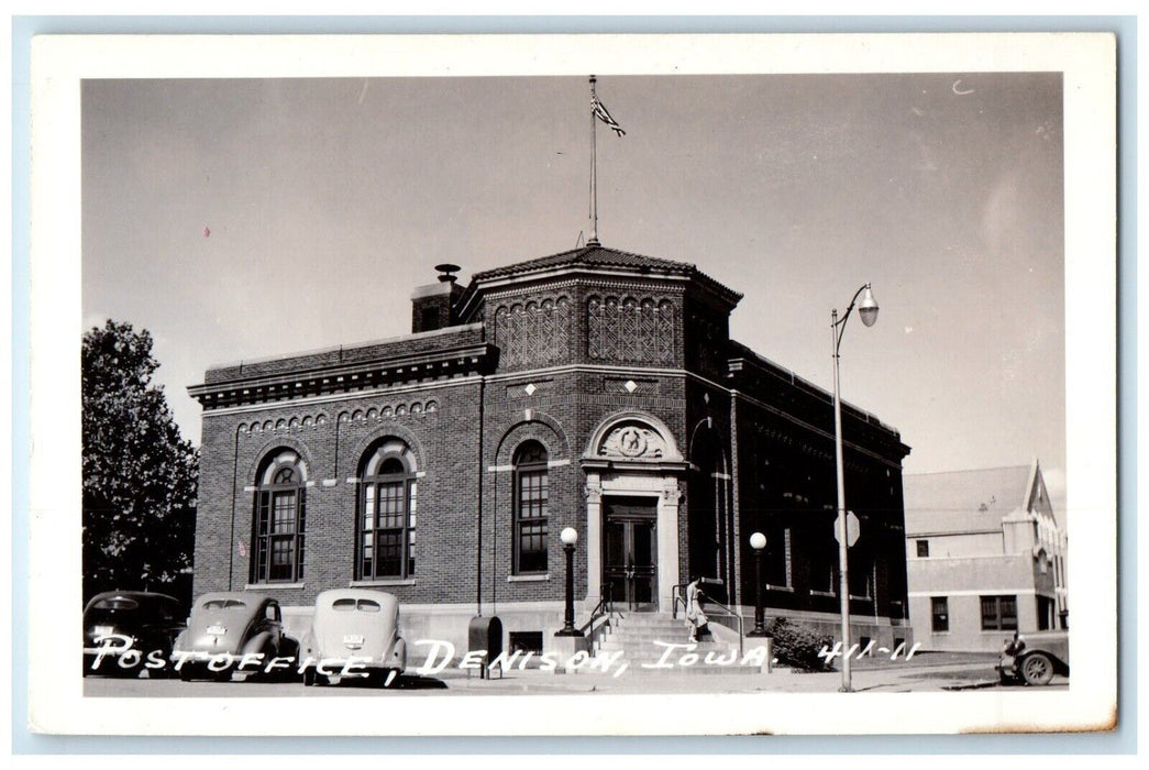 c1940's Post Office Building Cars Denison Iowa IA RPPC Photo Vintage Postcard