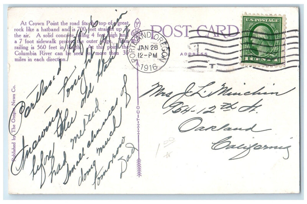 1916 Crown Point From Chanticleer Inn Columbia Highway Oregon OR Posted Postcard