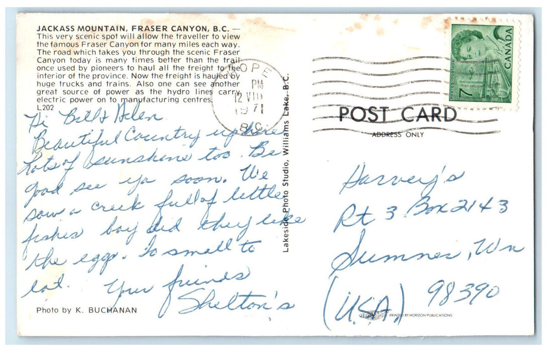 1971 Scenic Spot Jackass Mountain Fraser Canyon BC Canada Posted Postcard