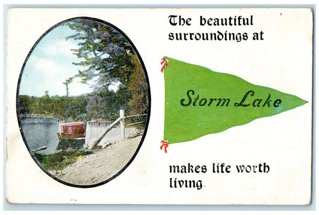1915 The Beautiful Surroundings At Storm Lake Iowa IA Pennant Antique Postcard
