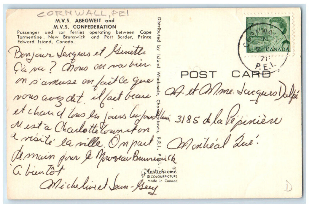 1971 M.V.S Abegweit M.V.S. Confederation Cornwall PEI Canada Postcard