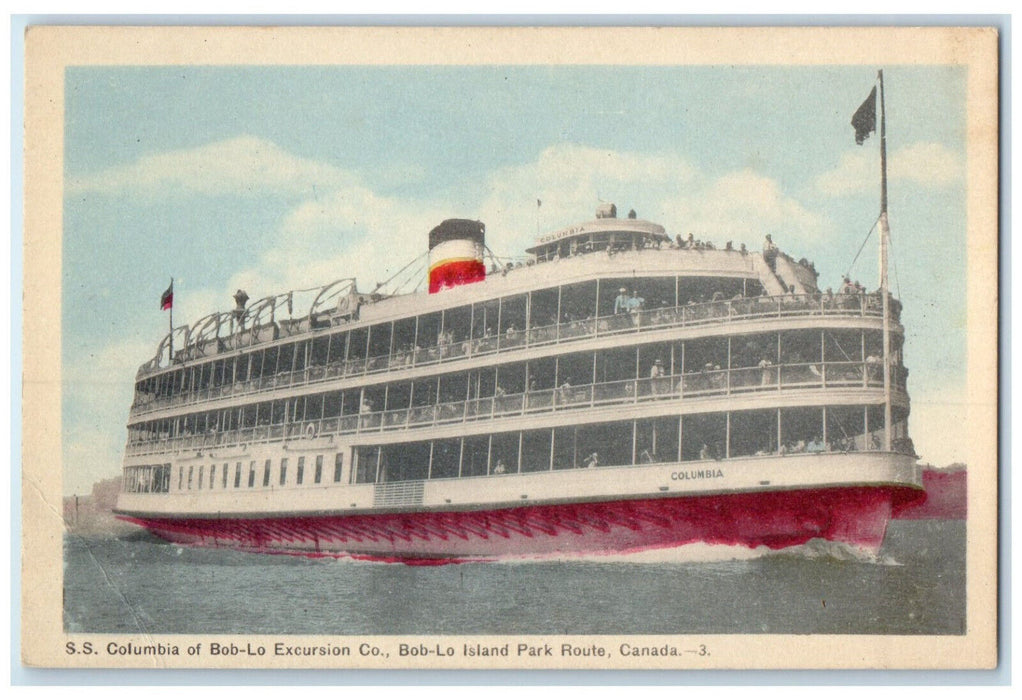 c1940's SS Columbia of Bob-Lo Excursion Co. Bob-Lo Island Park Canada Postcard