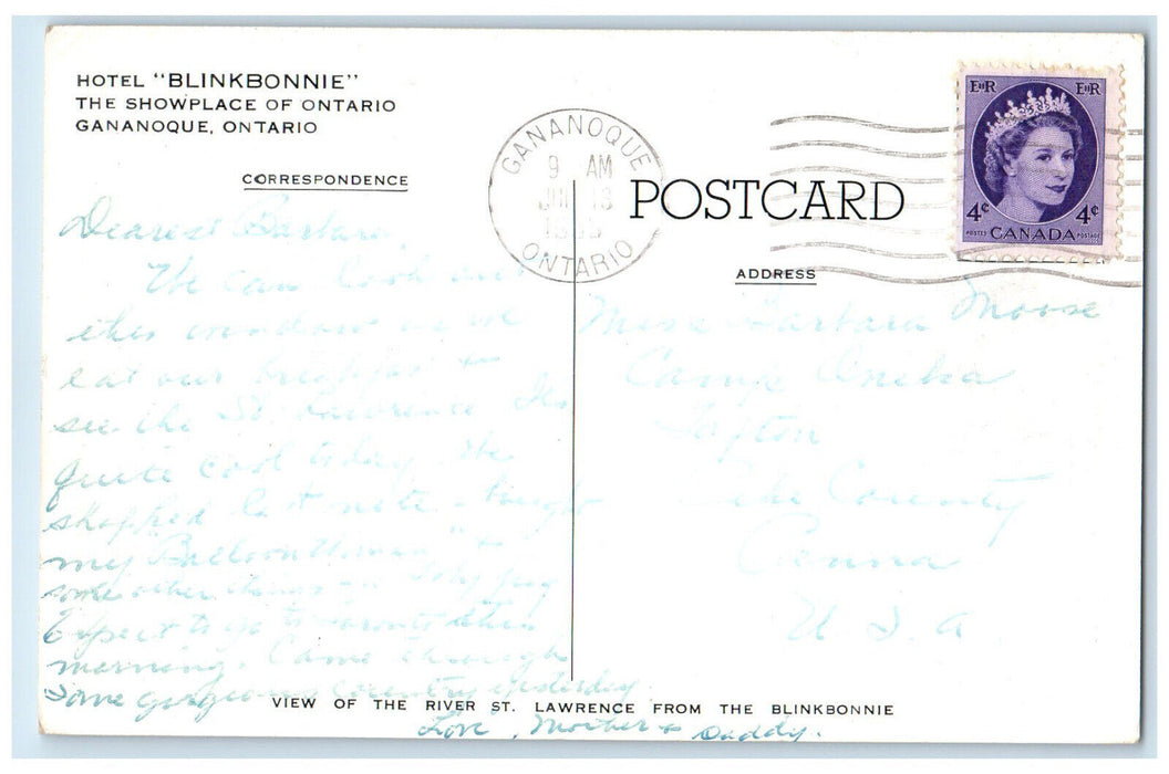 c1920's Hotel Blinkbonnie The Showplace of Ontario Gananoque Canada Postcard