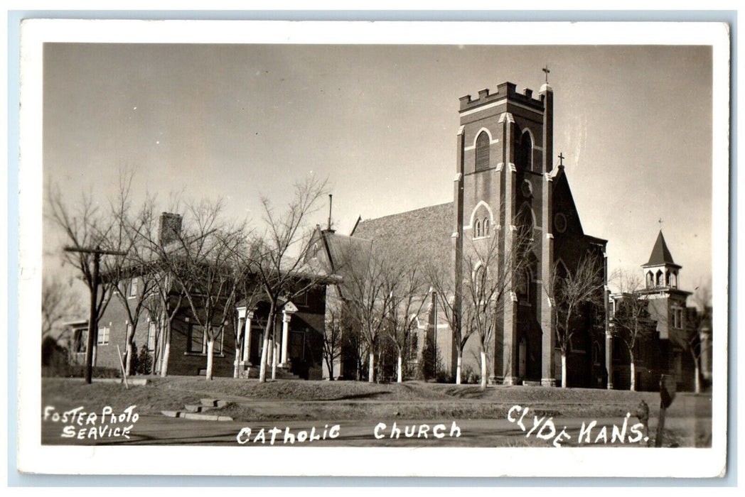 1940 Catholic Church Scene Street Clyde Kansas KS RPPC Photo Vintage Postcard