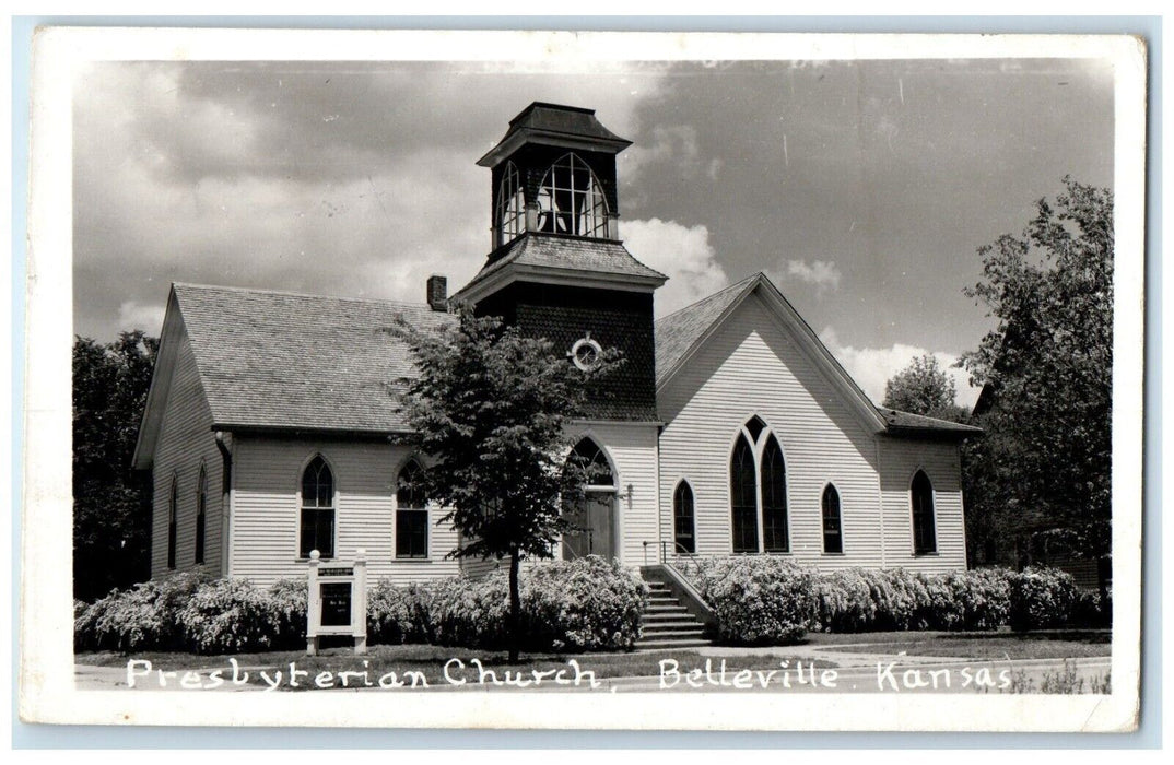 1952 Presbyterian Church Bell Tower Belleville Kansas KS RPPC Photo Postcard