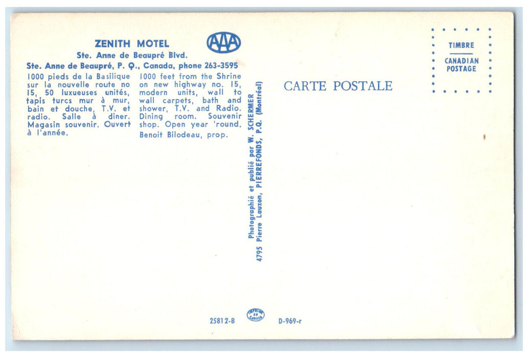 c1950's Zenith Motel Ste. Anne De Beaupre Blvd. Quebec Canada Postcard