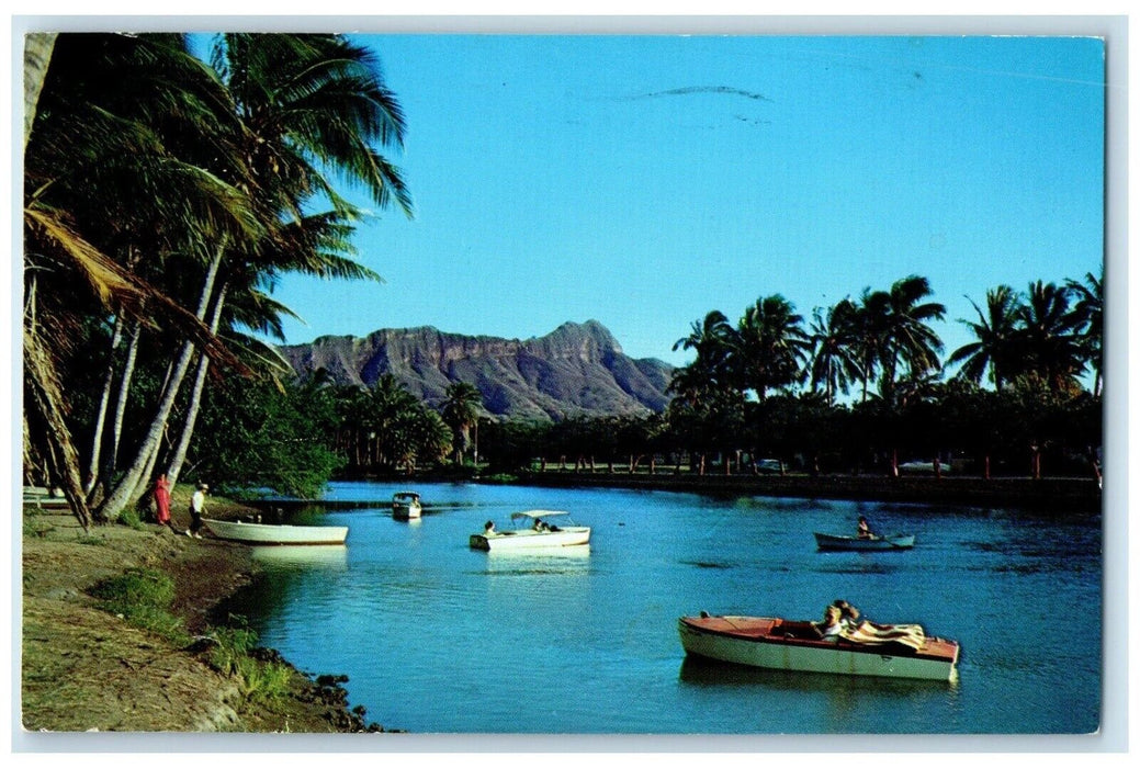 1960 U-Drive Boats Ala Wai Canal Diamond Head Background Waikiki Hawaii Postcard
