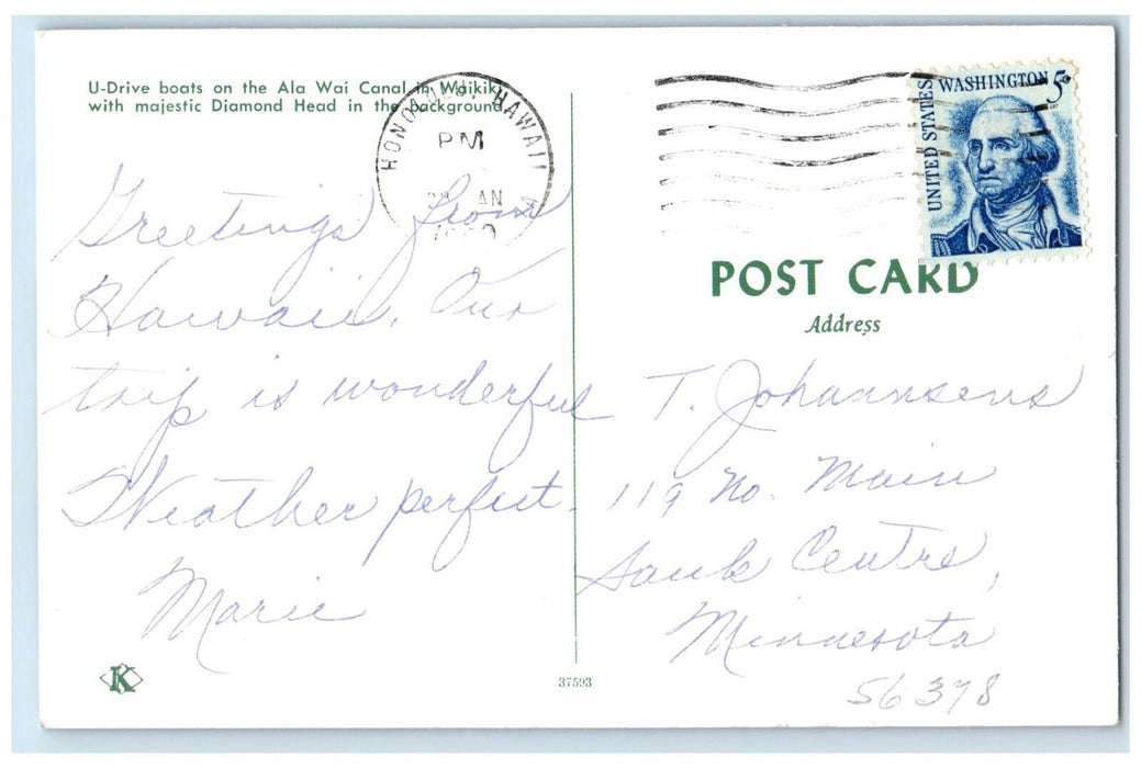 1960 U-Drive Boats Ala Wai Canal Diamond Head Background Waikiki Hawaii Postcard