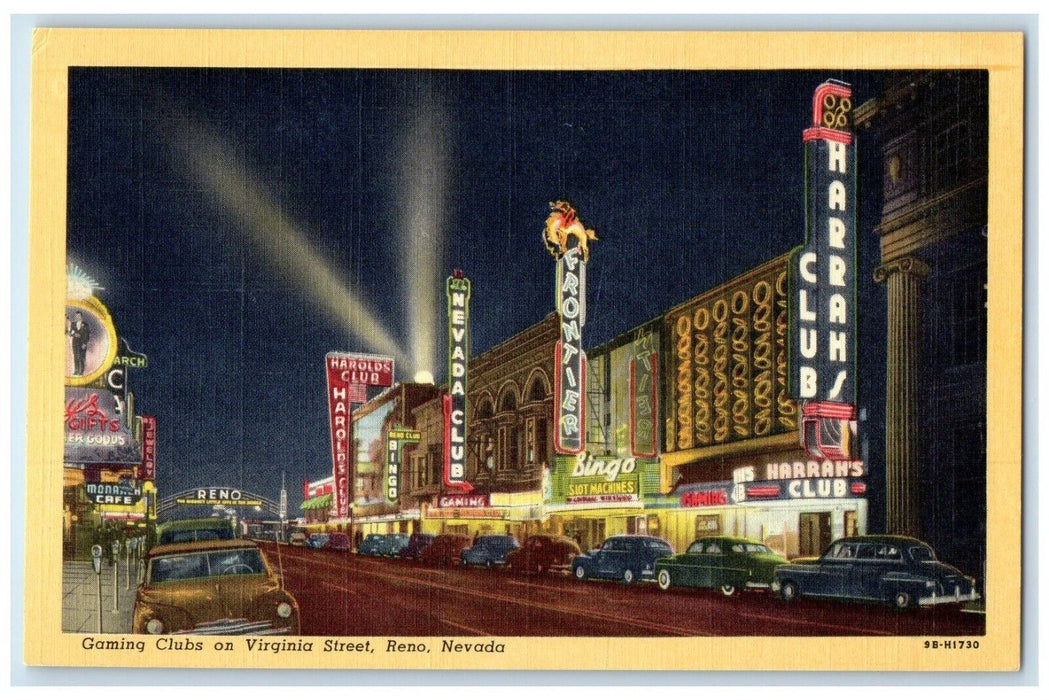 c1940 Night Scene Gaming Clubs Virginia Street Classic Cars Reno Nevada Postcard